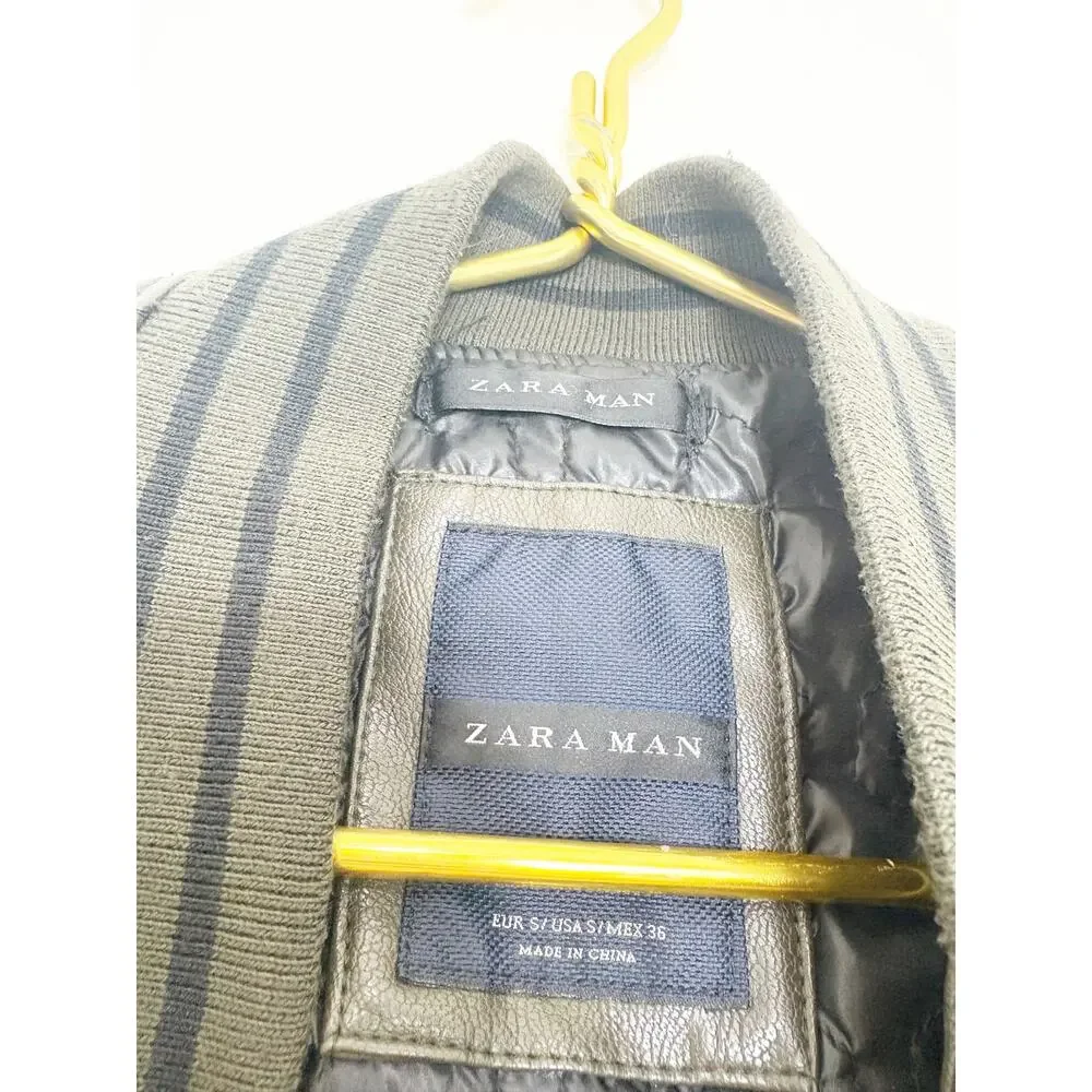 Zara Mens Vegan Leather Bomber Jacket Size Small Black Olive Green Quiet Luxury